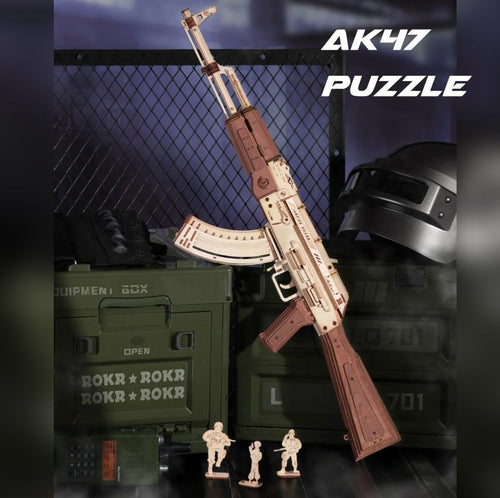AK-47 Assault Rifle Gun Wooden Replica Rubber Band Gun Model Kit, Toys Gift for Children