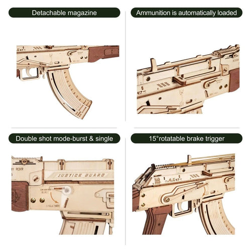AK-47 Assault Rifle Gun Wooden Replica Rubber Band Gun Model Kit, Toys Gift for Children