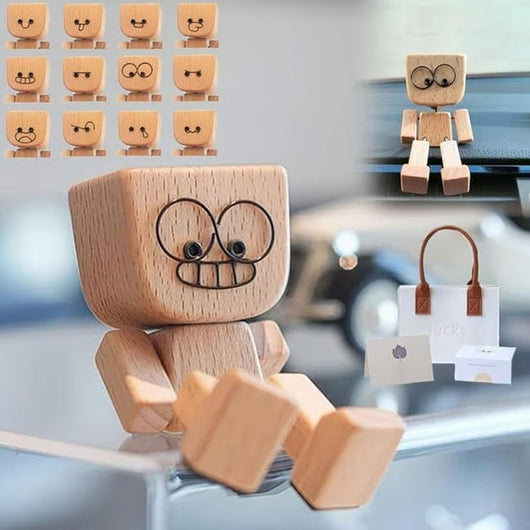 🪵🎭 Handmade Shaking Wooden Man – 12 Magnetic Faces to Match Every Mood! 😄✨ Perfect Desk & Car Buddy 🚗💼 - AxenBox