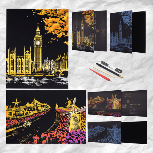 Scratch Art Painting Kits for Adults & Kids, Rainbow Painting Sketch Night View Scratchboard - AxenBox