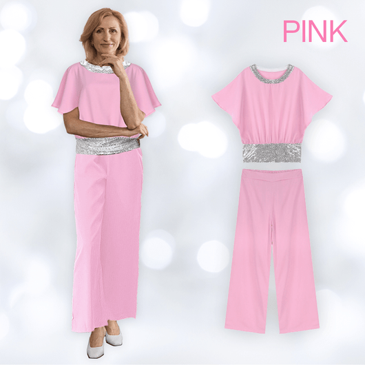 Sequin Elegant Two - piece Set Pantsuit Batwing Sleeve Women Blouse - AxenBox