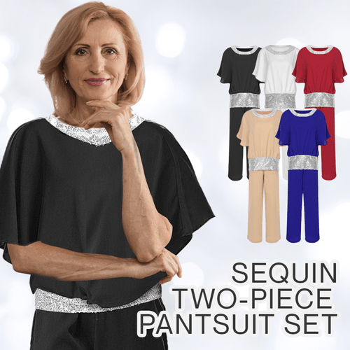 Sequin Elegant Two-piece Set Pantsuit Batwing Sleeve Women Blouse
