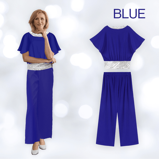 Sequin Elegant Two - piece Set Pantsuit Batwing Sleeve Women Blouse - AxenBox