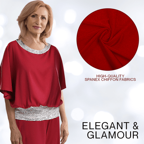 Sequin Elegant Two-piece Set Pantsuit Batwing Sleeve Women Blouse